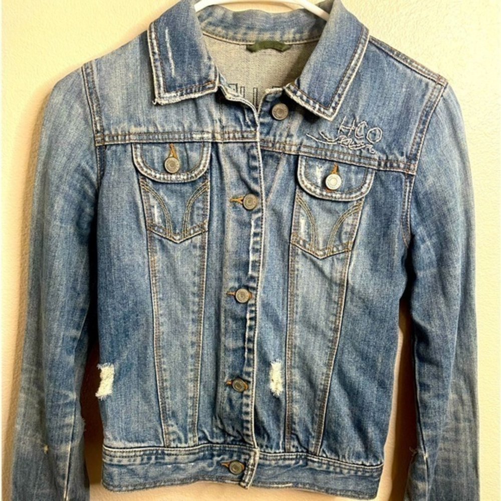 Womens Like New Hollister‎ Embroidered Skull Distressed Jean Jacket